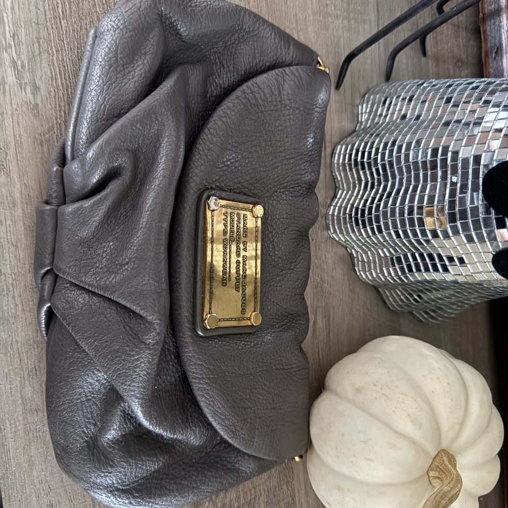 Marc Jacobs Metallic Gray Clutch with Gold Accents